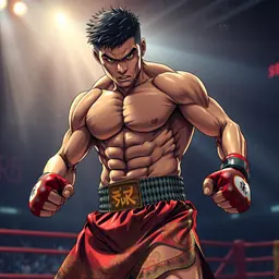 A fierce Muay Thai fighter stands ready in a dynamic pose, his muscles rippling with intensity and determination. The scene is brought to life in a stunning Japanese anime style, showcasing intricate details from the sweat on his brow to the intricate patterns on his traditional shorts. Every movement is captured in ultra-high definition, with vibrant colors and sharp contrasts that make the character jump off the screen. The background pulses with energy, hinting at an electrifying arena atmosphere. Rendered in breathtaking 8K resolution, the image feels alive and immersive, drawing viewers into the heart of the action. This cinematic portrayal perfectly blends the raw power of Muay Thai with the artistry of anime.